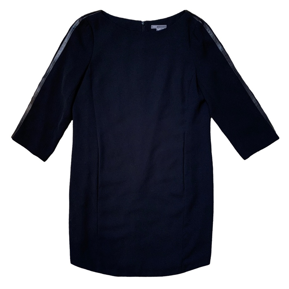 Vince Black Leather Strapping Panel Cropped Sleeve Mini Dress